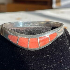 Elegant Vintage Taxco Sterling Silver and Coral Hinged Bracelet